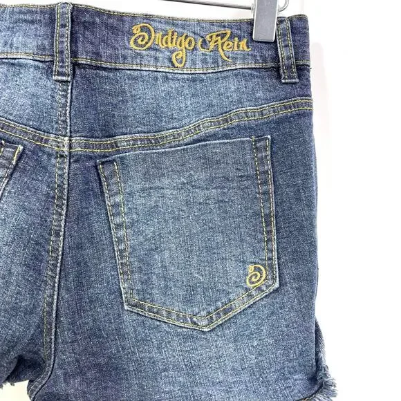 INDIGO REIN Blue Dark Wash Distressed Denim Shorts